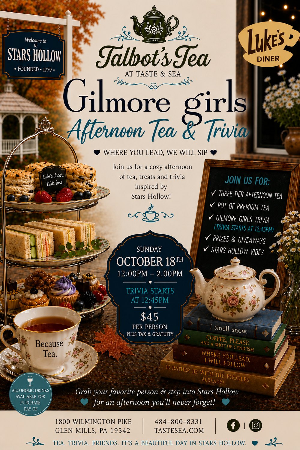 Gilmore Girls Afternoon Tea and Trivia at Talbot's Tea - Sunday October 18th, 12pm-2pm, $45 per person - ticketed event, reservations required