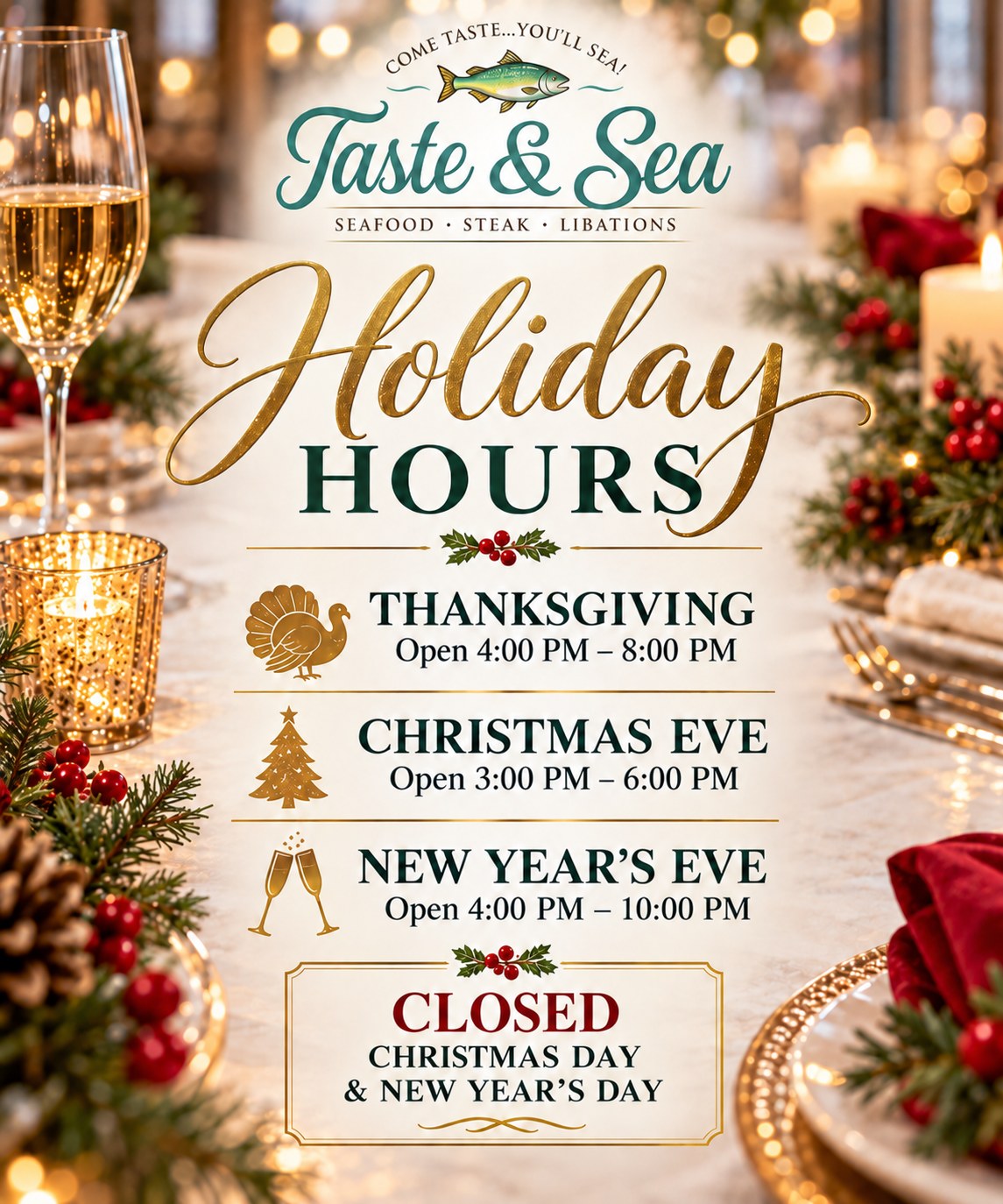 Taste & Sea Holiday Hours - Thanksgiving open 4pm to 8pm, Christmas Eve open 3pm to 6pm, New Year's Eve open 4pm to 10pm - closed Christmas Day and New Year's Day
