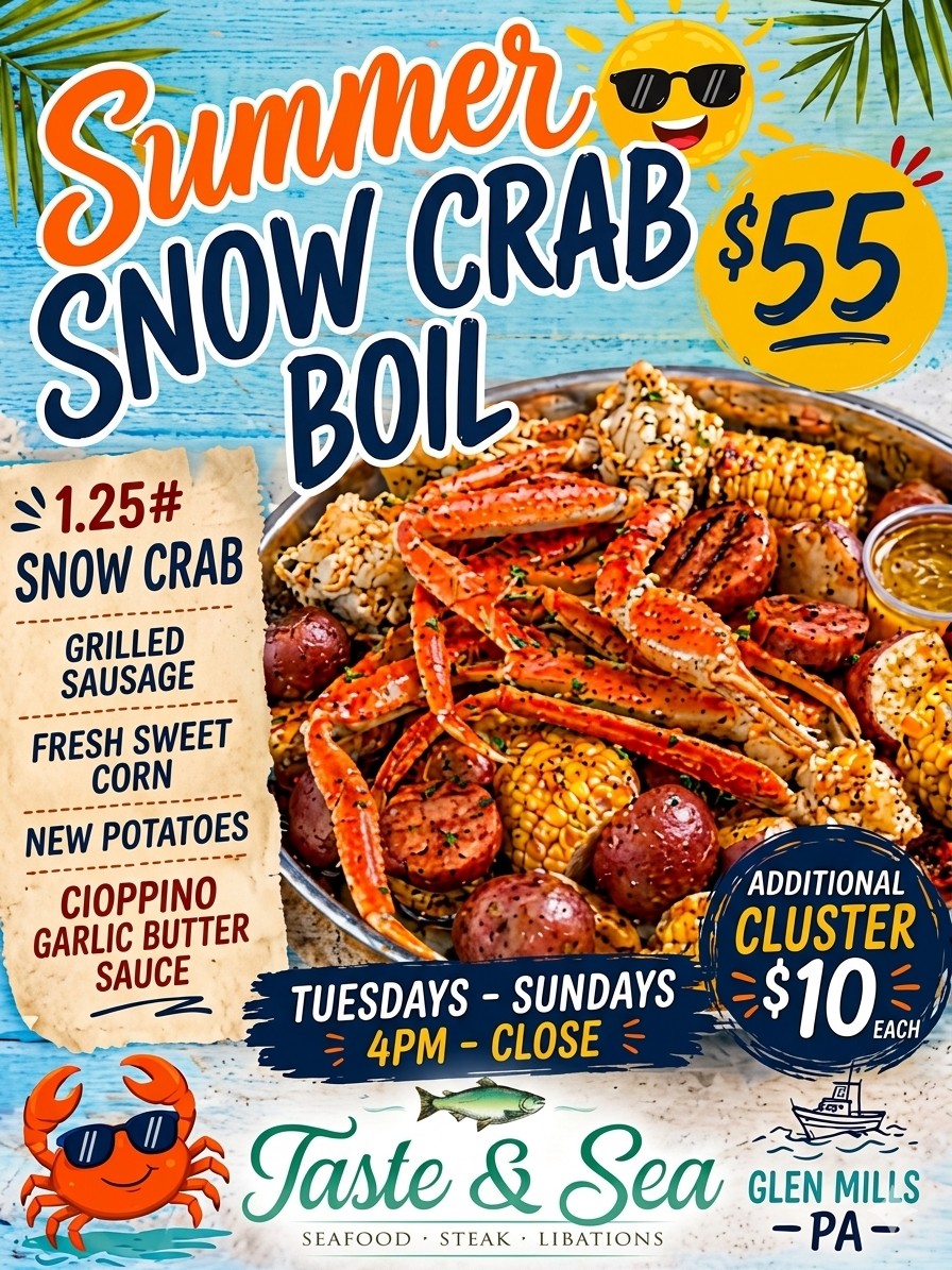Summer Snow Crab Boil - 1.25lb snow crab, grilled sausage, sweet corn, new potatoes, cioppino garlic butter sauce - $55 - Tuesdays-Sundays 4PM to Close